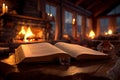 Fireside tales, Open book enhances the cozy ambiance in a chalet house Royalty Free Stock Photo