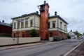 Firestation and the tower in the center of Porvoo city. Finland. Autumn.