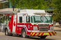 Firetruck driving on a road. Vancouver Fire Engine. Fire rescue vehicle