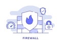 Firewall concept shield fire around speedometer padlock white isolated background with dashed line style Royalty Free Stock Photo