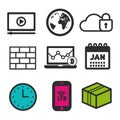 Firewall icon. Video play symbol. Cloud security icon. Laptop statistics sign. Clock and Calendar icons