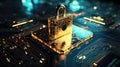 Firewall lock on mainboard.Computer security concept. Padlock on computer circuit board