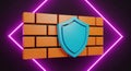 Firewall Security Concept with 3D Brick Wall and Blue Shield in Neon Light Royalty Free Stock Photo