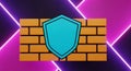 Firewall Security Shield Icon Over Brick Wall with Neon Lights 3D Render Royalty Free Stock Photo