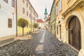 Firewatch Tower with historic street in Sopron, Hungary Royalty Free Stock Photo