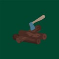 Firewood with an axe for camping. Cartoon tree for relaxing in the forest. Camping with a campfire and firewood for