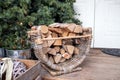 Firewood basket full of dry wood during wintertime