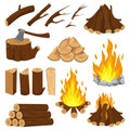 Firewood boards. Fireplace fire wood, burning wooden stack and blazing bonfire. Campfire logging pile cartoon vector illustration Royalty Free Stock Photo