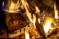 Firewood bonfire is blazing. Burning wood campfire in the night darkness Royalty Free Stock Photo