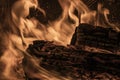 Firewood burning in flames in a fire pit Royalty Free Stock Photo