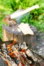 Firewood burning in outdoor brazier close up Royalty Free Stock Photo