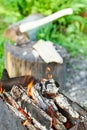 Firewood burning in rusty brazier close up Royalty Free Stock Photo