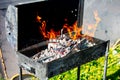 Firewood burns in a metal grill