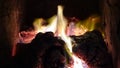Firewood burns in the stove. Tongues of flame play with bright multi-colored paints, coals fill the firebox with red flowers. Royalty Free Stock Photo