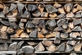 Firewood from chopped birch with bark and knots is in a woodpile Royalty Free Stock Photo