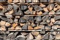 Firewood from chopped birch with bark and knots is in a woodpile Royalty Free Stock Photo