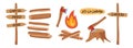 Firewood for fire in forest hike. Pointer arrow, Firewood piles, stacked bonfire firewoods vector set. Fire with chopped