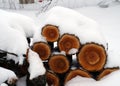 Firewood for the fireplace on the street under the January snow