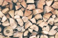 Firewood or fuelwood stacked by a wall. Texture woodpile Royalty Free Stock Photo