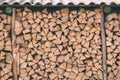 Firewood or fuelwood stacked by a wall. Texture woodpile Royalty Free Stock Photo