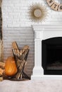 Firewood in holder near modern fireplace in living room