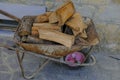 Firewood in the metallic barrow close-up on the backyard. Wood chopping process. Countryside life. Logging industry Royalty Free Stock Photo