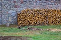 Firewood neatly stacked near a stone wall, green grass and chopped logs Royalty Free Stock Photo