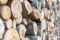 Firewood pile stacked chopped wood trunks, close-up wooden background