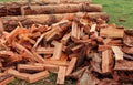 Firewood is stacked in autumn. Chopped pile of wood. Lots of wood from logs. Preparation of firewood for the winter. background te