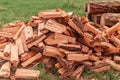 Firewood is stacked in autumn. Chopped pile of wood. Lots of wood from logs. Preparation of firewood for the winter. background te