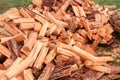 Firewood is stacked in autumn. Chopped pile of wood. Lots of wood from logs. Preparation of firewood for the winter. background te