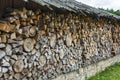 Firewood stacked in a woodpile under a canopy Royalty Free Stock Photo
