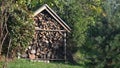 Firewood is stored in the woodshed