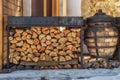 Firewood for the winter. Firewood for barbecue. A background made of wood. Cut and chopped logs with ready-made pieces of wood for