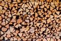 Firewood wooden logs big chopped trunks stacked pile dry for winter fireplace