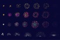 Firework animation mega set elements in flat graphic design. Bundle objects of different salute explosion in sequence action, glow