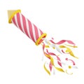 Firework with confetti 3d render illustration. Pink and yellow striped flying rocket with sparkles.