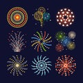 Firework different shapes colorful festive and bright carnival or birthday design for brochures poster, wrapping paper