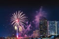 Celebration Firework display happy new year and merry christmas with Twilight night and firework lighting in bangkok cityscape Royalty Free Stock Photo