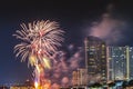 Firework display for celebration happy new year merry christmas with Twilight night and firework lighting in bangkok cityscape Royalty Free Stock Photo