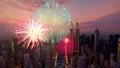 Firework Explode Festivities on Urban Skyline Background. Royalty Free Stock Photo