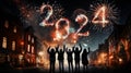 Firework explosion in the night sky celebrating happy new year 2024 Royalty Free Stock Photo