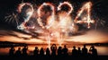 Firework explosion in the night sky celebrating happy new year 2024 Royalty Free Stock Photo