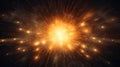 A firework explosion that resembles a sunburst, with rays of light extending outwards in all directions. The background is dark,