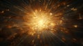 A firework explosion that resembles a sunburst, with rays of light extending outwards in all directions. The background is dark,
