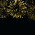 Firework gold sparkle background card. Beautiful bright fireworks isolated on black background. Light golden decoration
