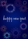 Firework. Happy New Year greeting card. December holiday celebration. Night light explosions. Carnival sky glowing