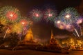 Firework in Loykratong and candle festival at Sukhothai province, Thailand