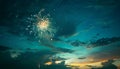 Firework over the blue sky at night, white, and green Royalty Free Stock Photo