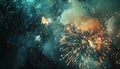 Firework over the blue sky at night, white, and green Royalty Free Stock Photo